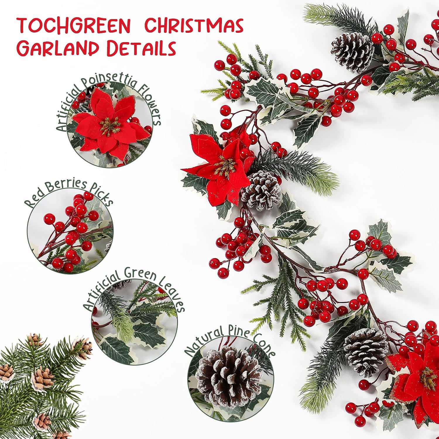 TOCHGREEN 12FT Red Berry Christmas Garland,Artificial Berries Garland with Pine Cones,Poinsettia Flowers and Holly
