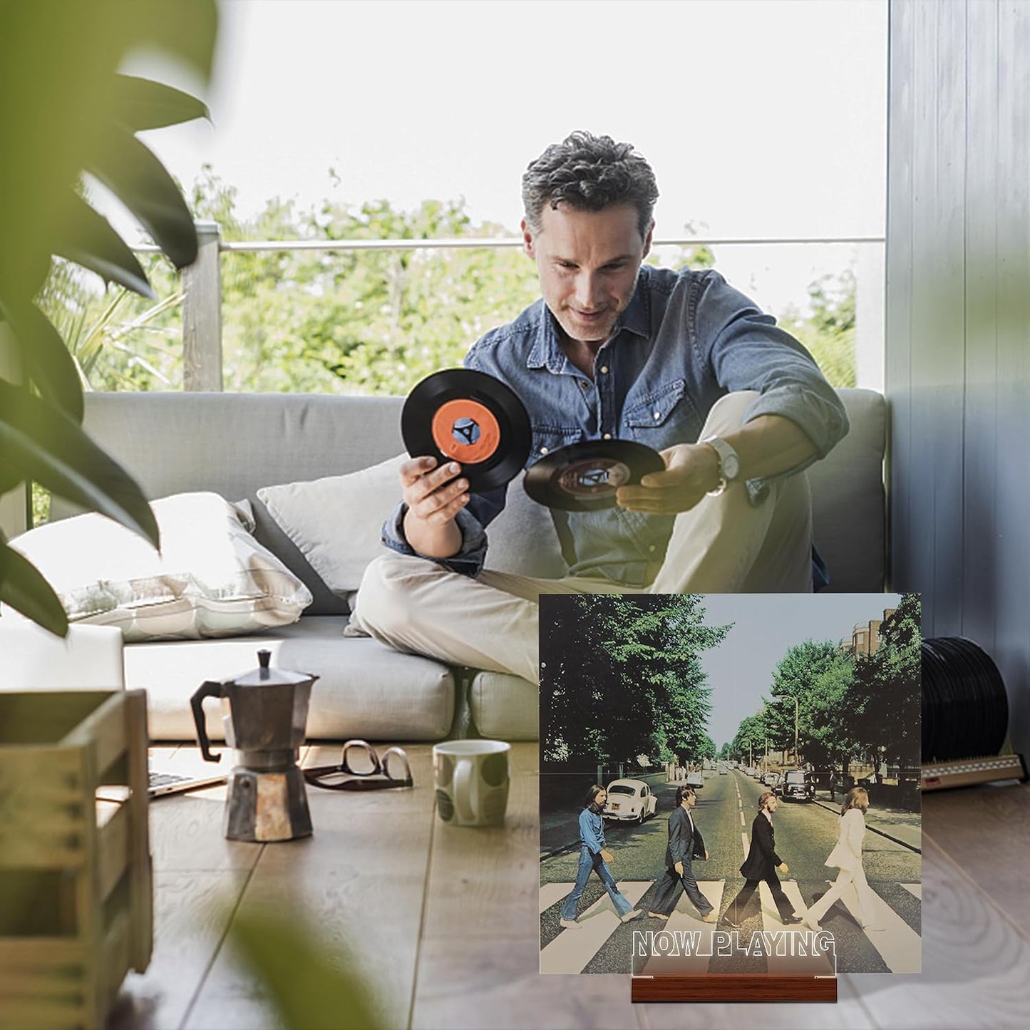 YuanDian Now Playing Vinyl Record Stand, Light up Display Holder for Vinyl Records, Wooden Acrylic Holder with Warm