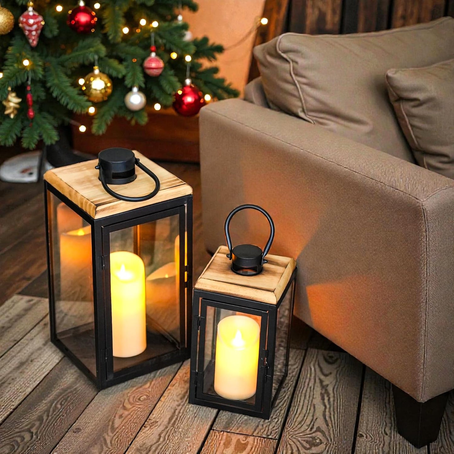 TRIROCKS Set of 2 Decorative Candle Lantern 16'' & 11'' High Metal Candle Holder Hanging Lantern Perfect for Home Decor