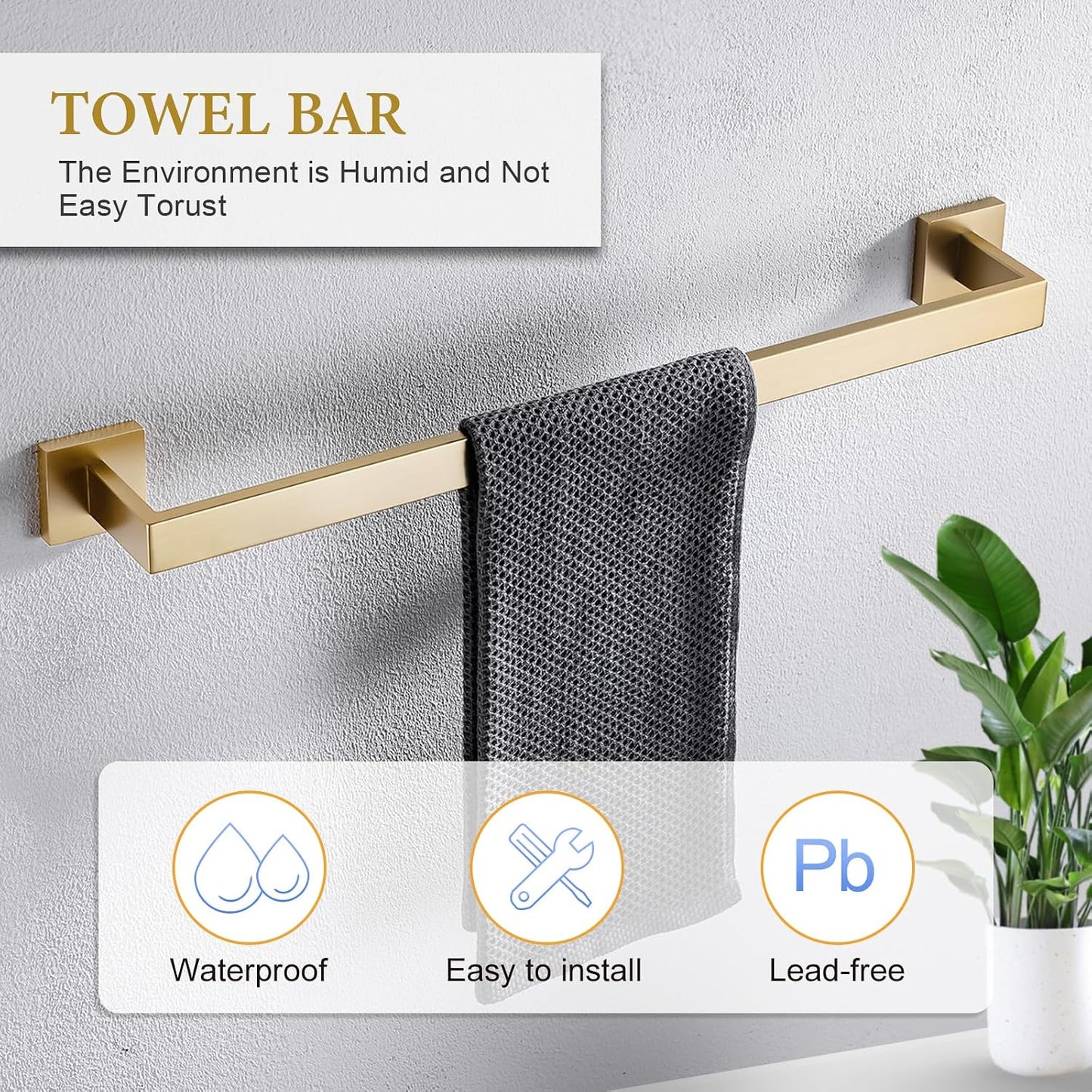6-Piece Bathroom Hardware Set 23.6 Inch Gold Towel Bar Set Double Towel Bar Towel Ring Coat Hook and Toilet Paper