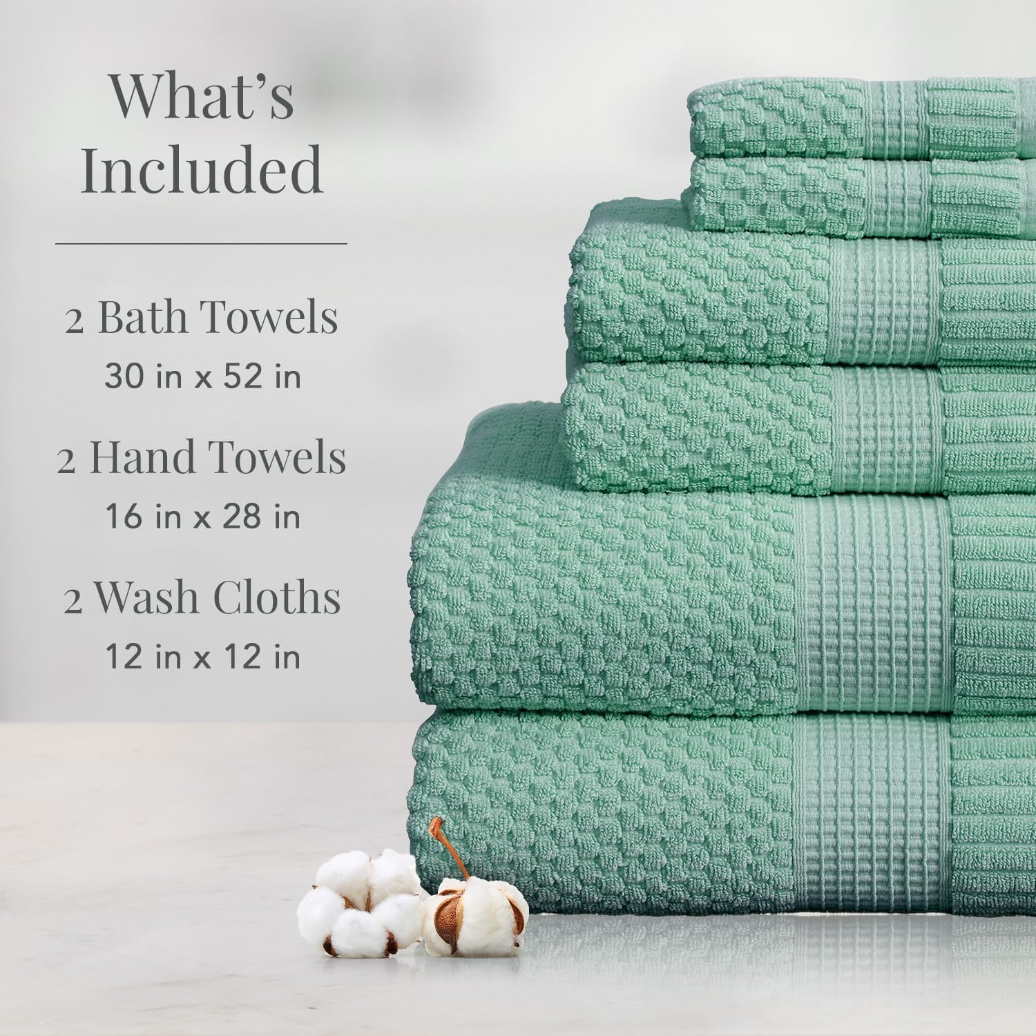 NY Loft 100% Cotton 6-Piece Bath Towel Set | Green | Oeko-TEX | Quick-Dry | 30" x 52" Bath Towels | 16" x 28" Hand