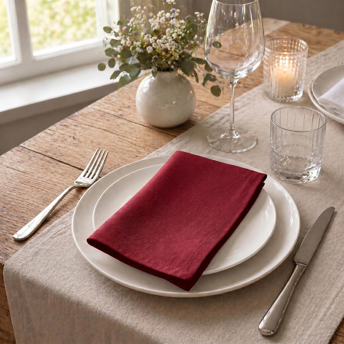 ACCENTHOME Red Cotton Linen Napkin Set of 12 18x18 inch Dinner Napkins | Cotton Linen Blend Napkins, Machine Wash On
