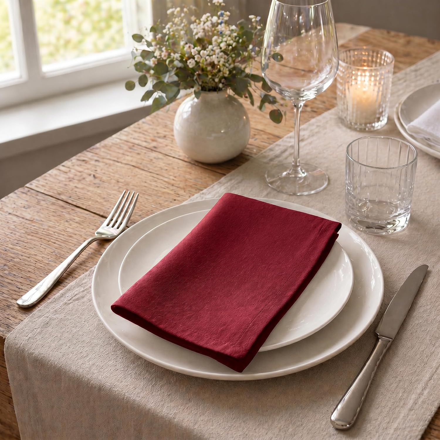 ACCENTHOME Red Cotton Linen Napkin Set of 12 18x18 inch Dinner Napkins | Cotton Linen Blend Napkins, Machine Wash On