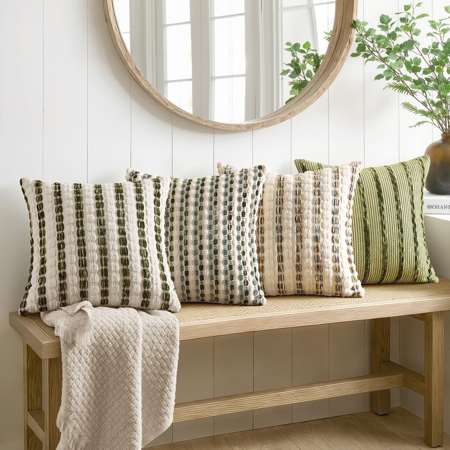 Boho Woven Chenille Pillow Covers Soft Textured Decorative / Olive Stripe / 18 x 18 / Set of 2