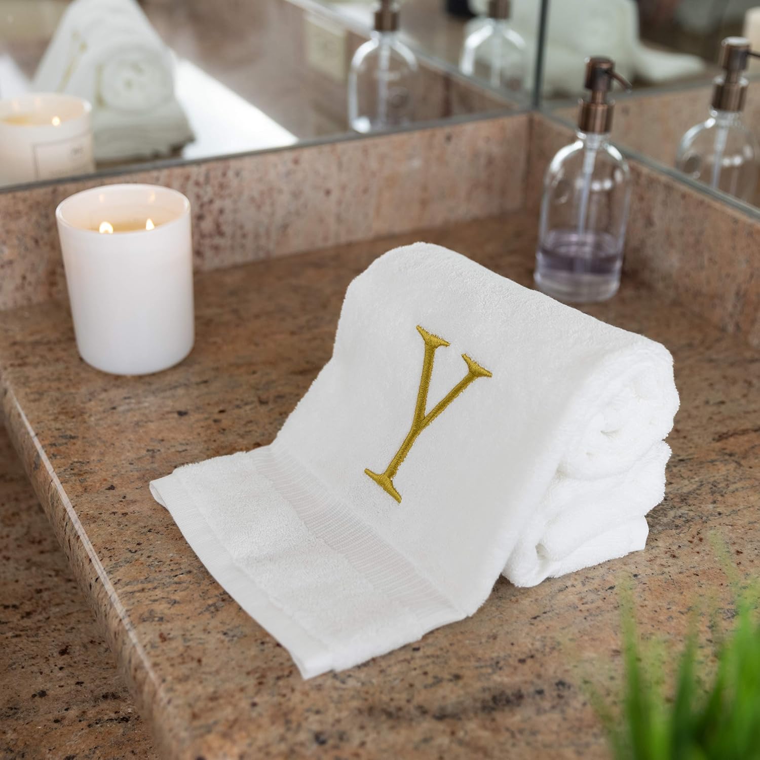White with Gold Monogrammed Hand Towels for Bathroom - Set of 2 Letter Y | Luxury Hotel Quality Initial Towels For