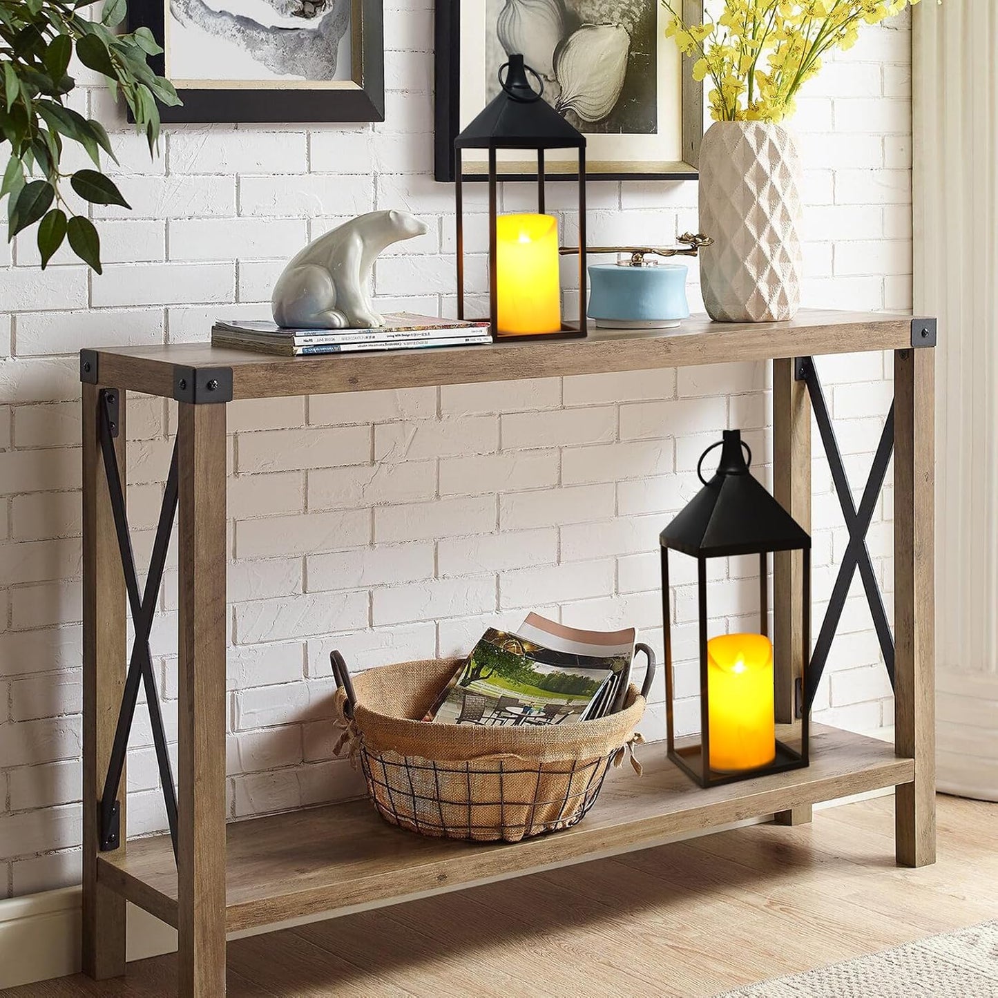 Modern Farmhouse Lantern Decor, 2Pcs Metal Candle Lanterns with Flameless Candles Black Decorative Lantern for Front