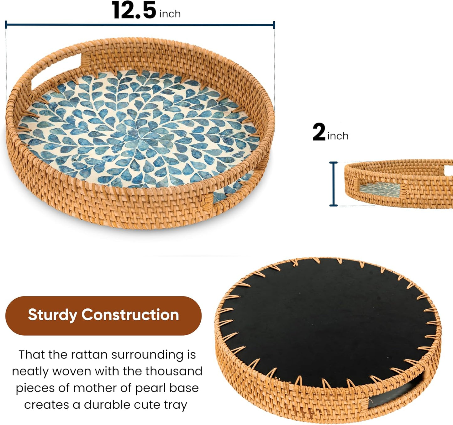 Round Rattan Tray / Blue Leaves