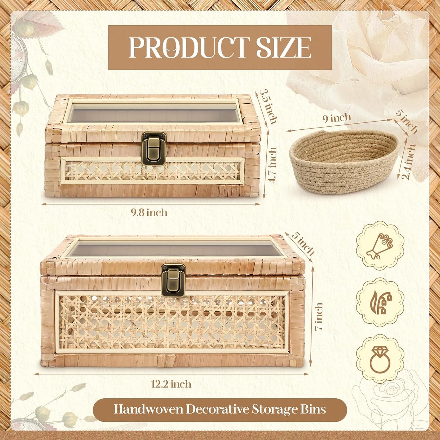 Glass Lid Rectangular Woven Cane Stacking Boxes for Display Rustic Farmhouse / Set of 2