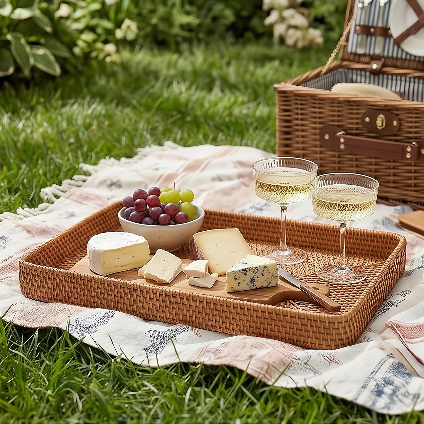 Wicker Storage Basket Rattan Tray Rectangular Wicker Basket Handwoven Organizer Basket Decorative