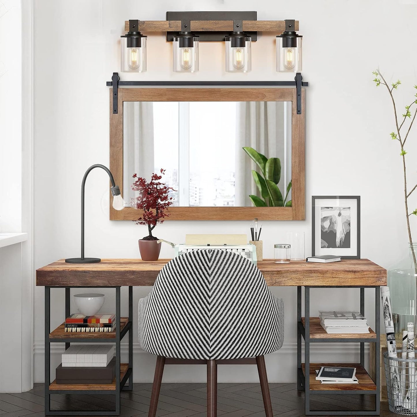 DUJAHMLAND Farmhouse Vanity Light Fixture, Industrial 4-Light Wood Wall Sconce Bathroom Vanity Lighting with Clear