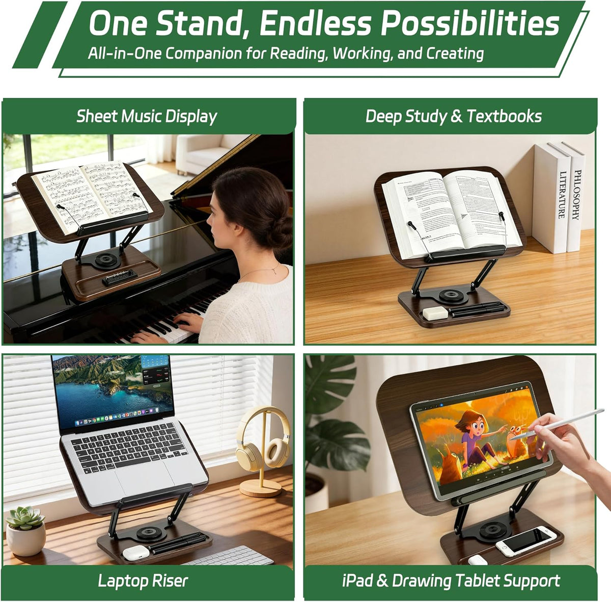 Book Stand for Reading, 360° Rotating Book Holder for Desk, Heavy Duty Bible Stand with Page Clips, Adjustable Height