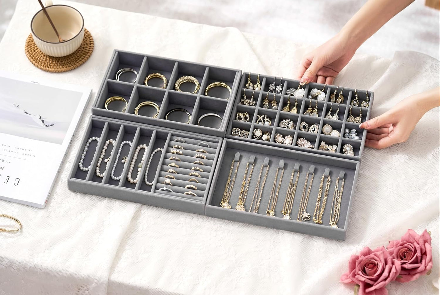 Velvet Jewelry Drawer Organizer Trays / Grey / Compact