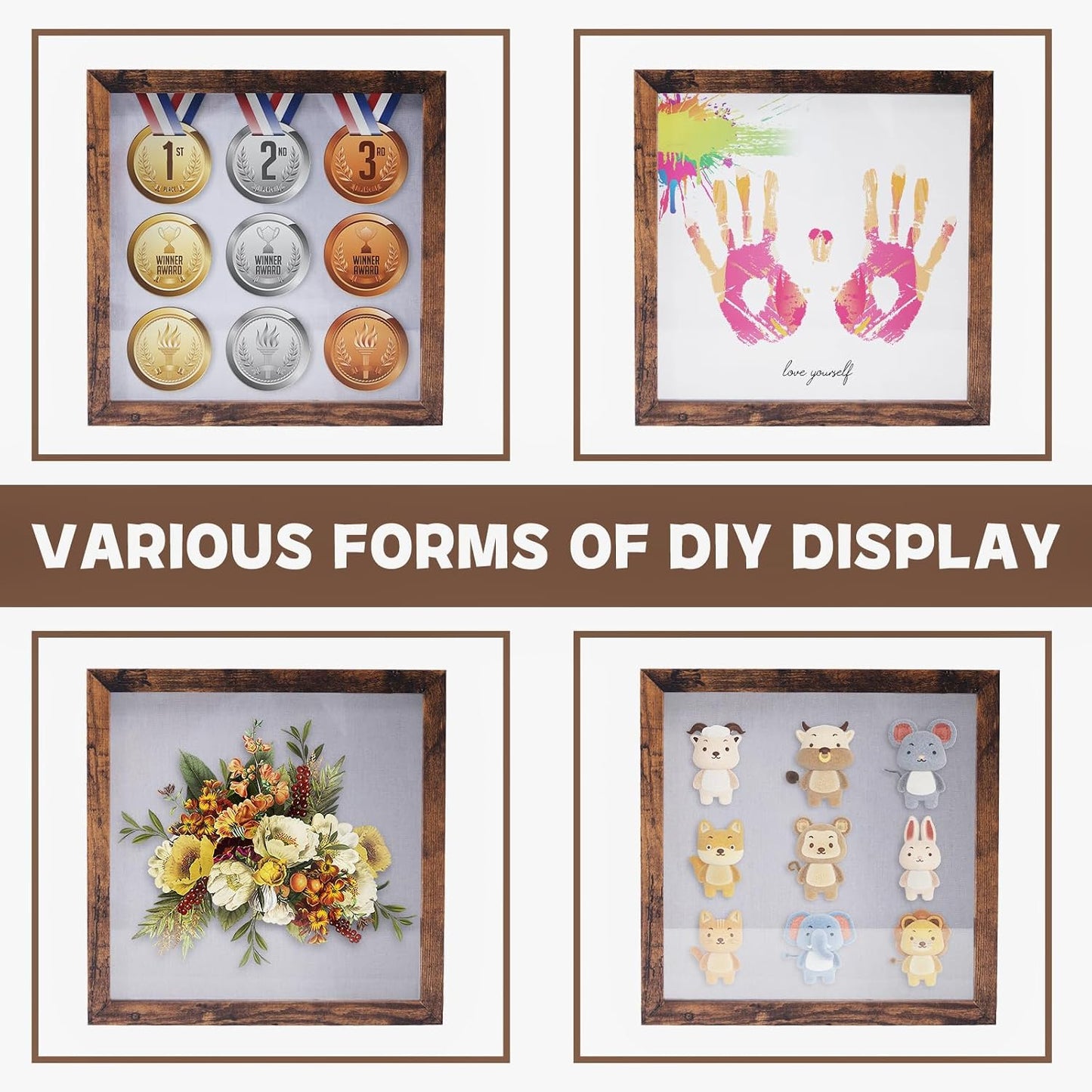 Muzilife 12x12 Shadow Box Wood Picture Frame, Tempered Glass, Honey Brown | FSC-Certified MDF | Soft Acid-free Linen