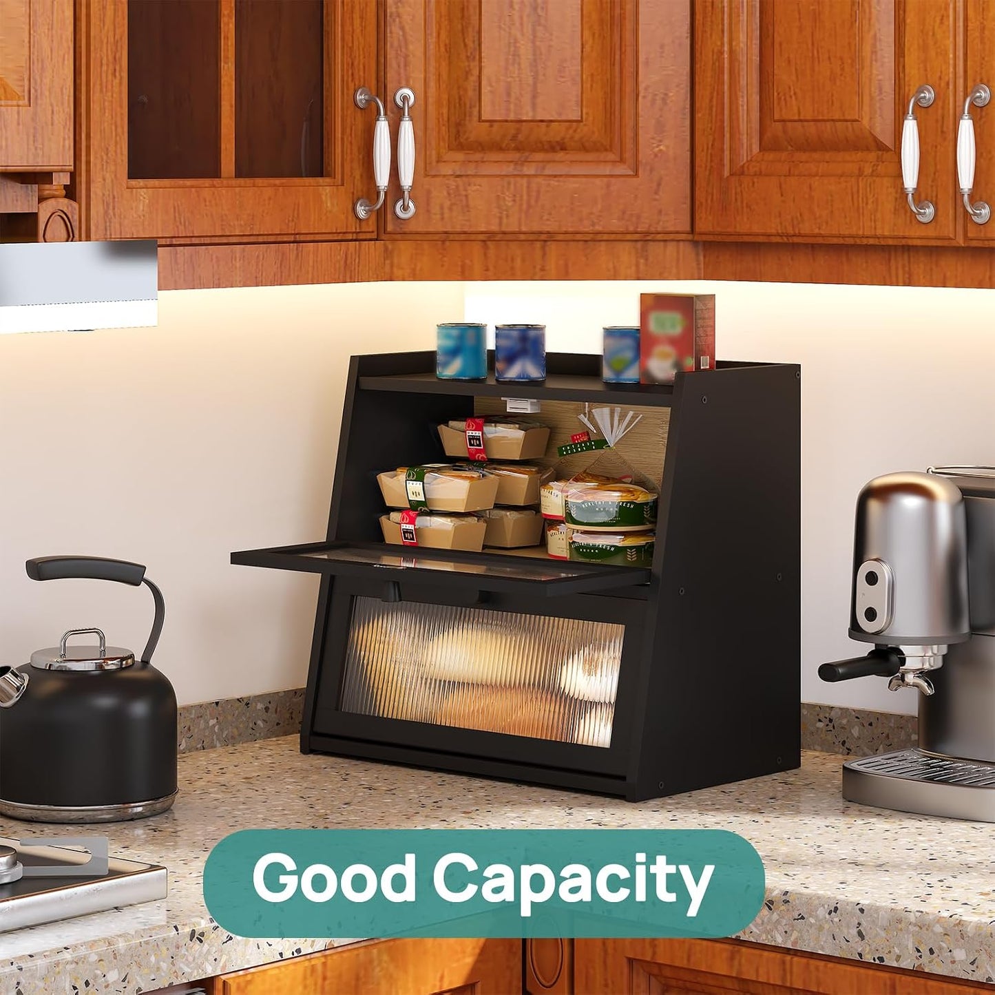 viewcare Black Bread Box, Double Layer Large Bread Box for Kitchen Counter, Bamboo Bread Storage Container with Wavy