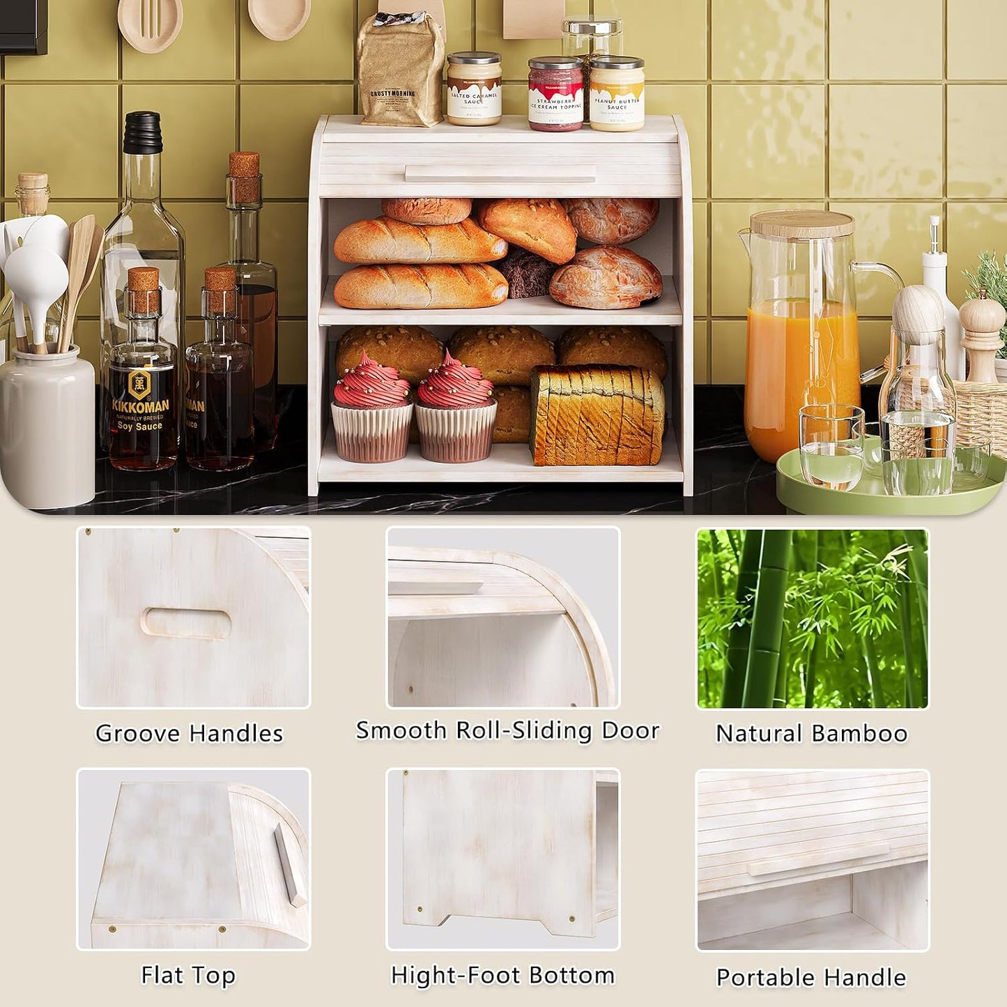 Trironsun Bamboo Roll Top Bread Box for Kitchen Countertop Large Capacity Bread Storage Bin 2 Layer Wooden Bread