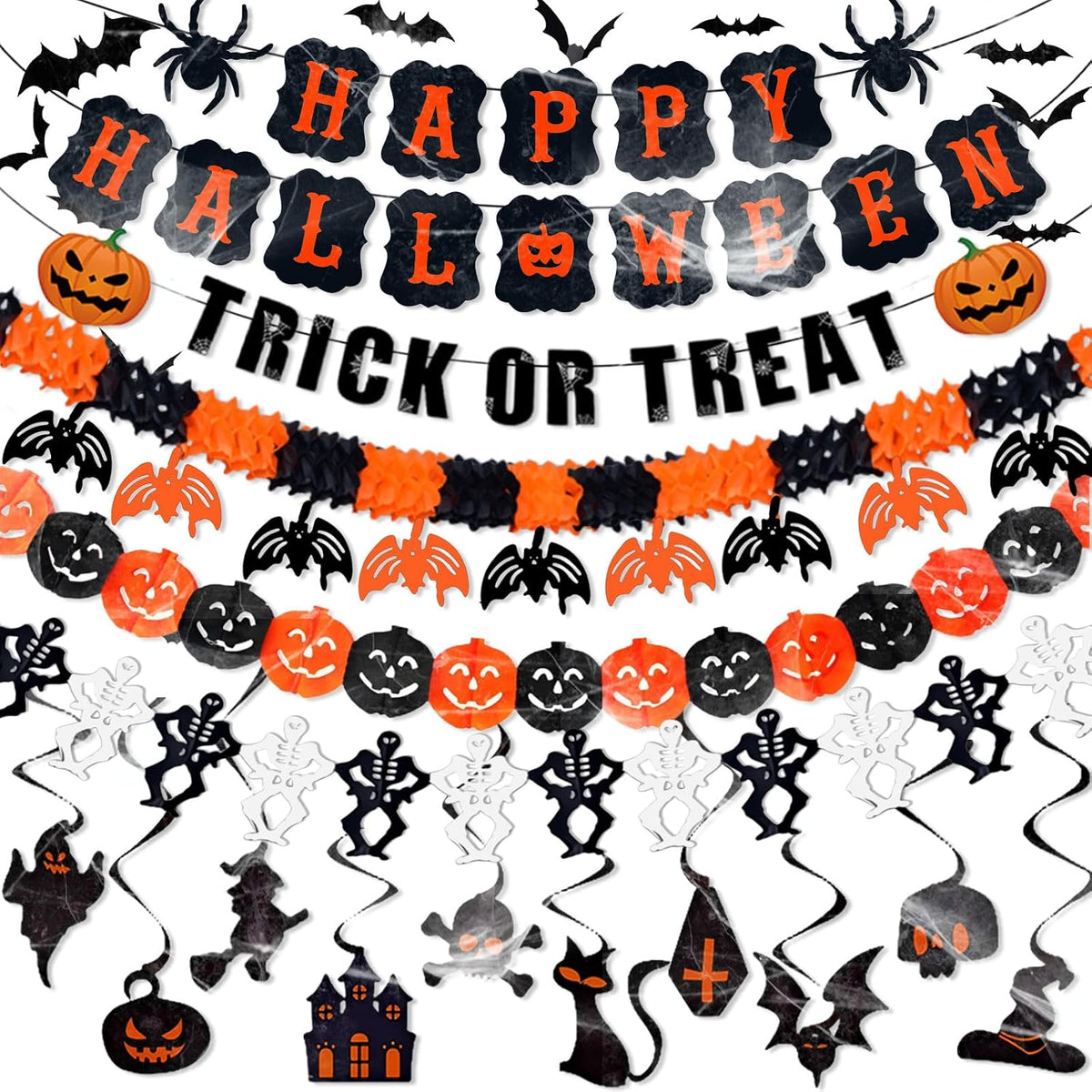 Halloween Party Decorations Kit Including Happy Halloween Paper Banner Trick or Treat Sign Garland Bat Ghost Pumpkin Happy Halloweens Indoor Decorations