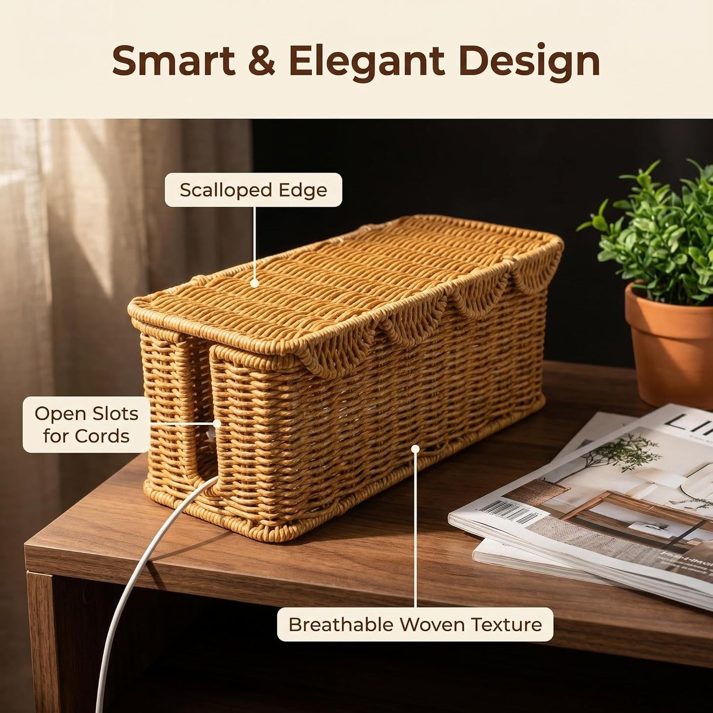 Scalloped Handwoven Rattan Cable Management Basket