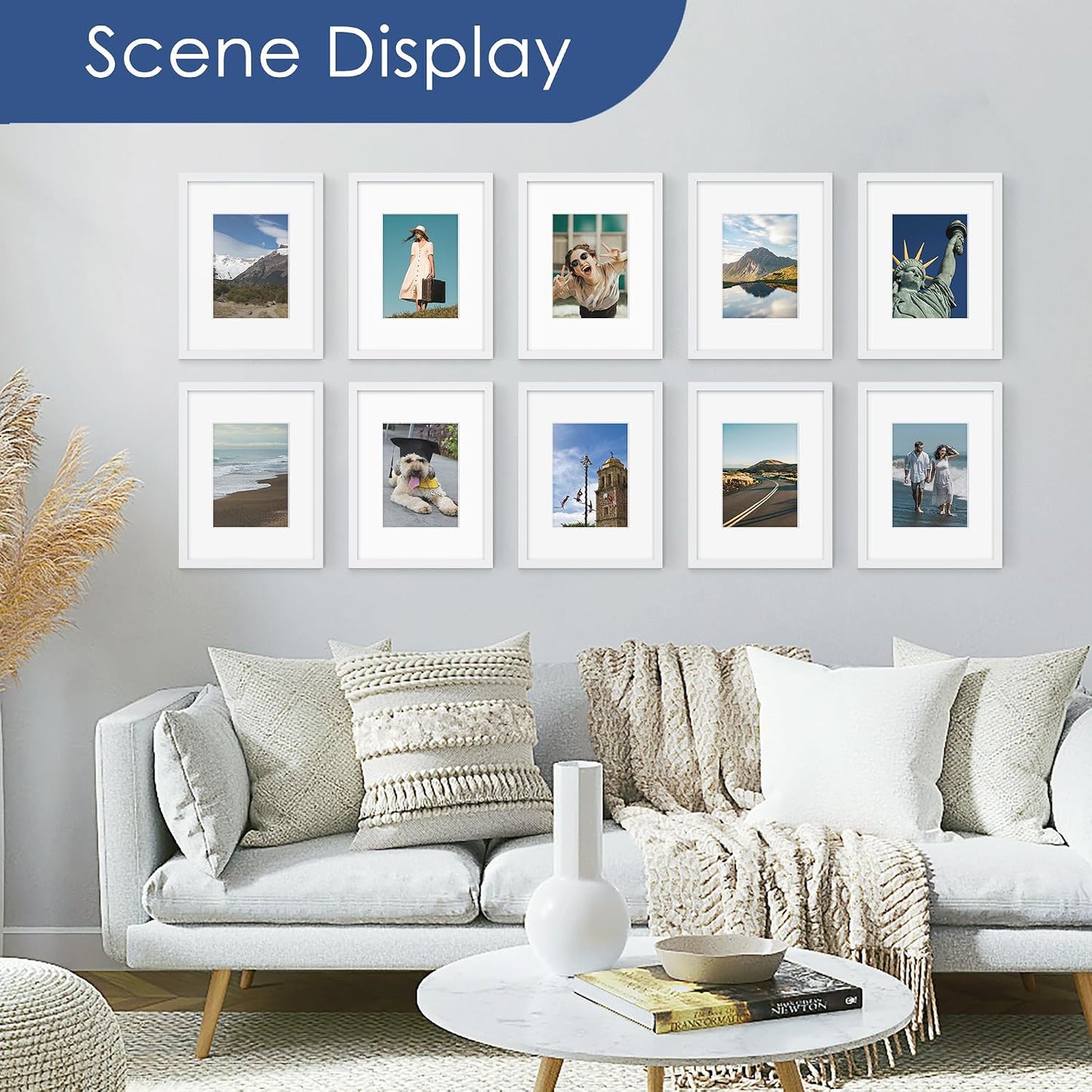 9x12 Picture Frame Set of 6, Wall or Tabletop Display, White | Display Pictures 6x8 with Mat or 9x12 Without Mat