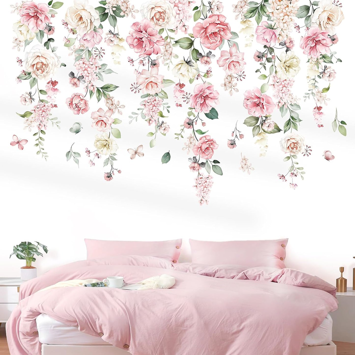 Large Flowers Wall Stickers Hanging Vine Floral Leaves Peel and Stick Wall Art Decals / Pink