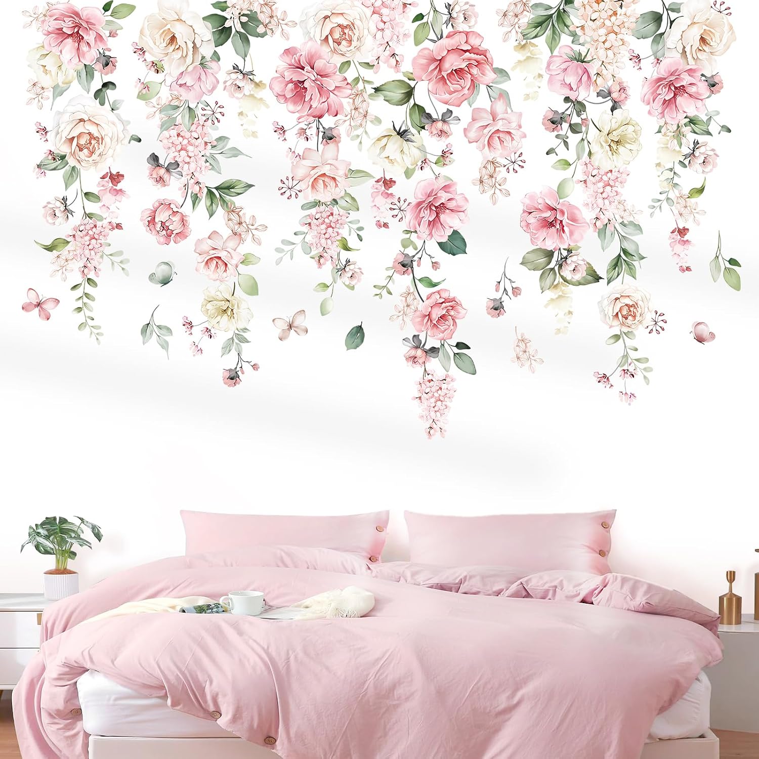 Large Flowers Wall Stickers Hanging Vine Floral Leaves Peel and Stick Wall Art Decals / Pink