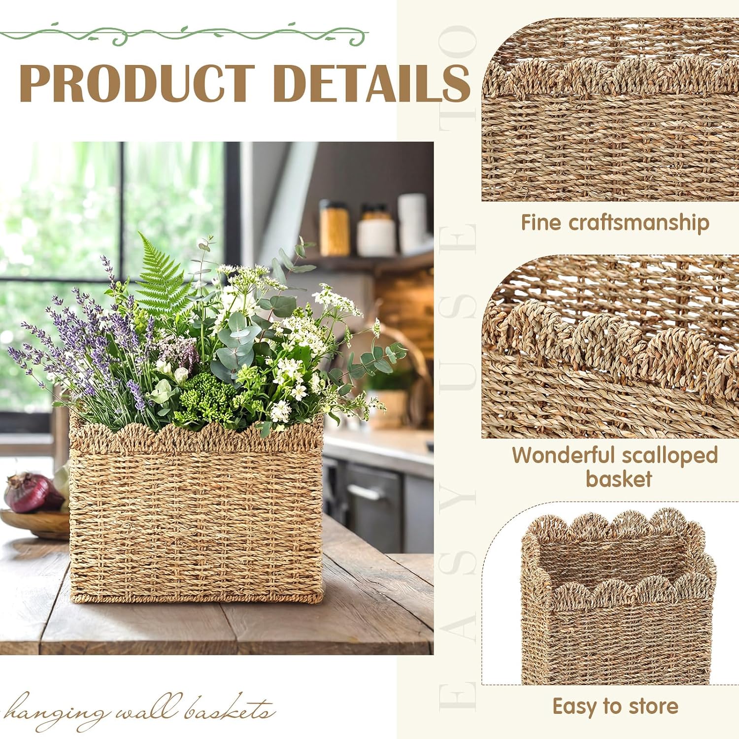 Scalloped Seagrass Basket for Organizing Woven Wall Baskets for Front Door Mail Flowers / Set of 2