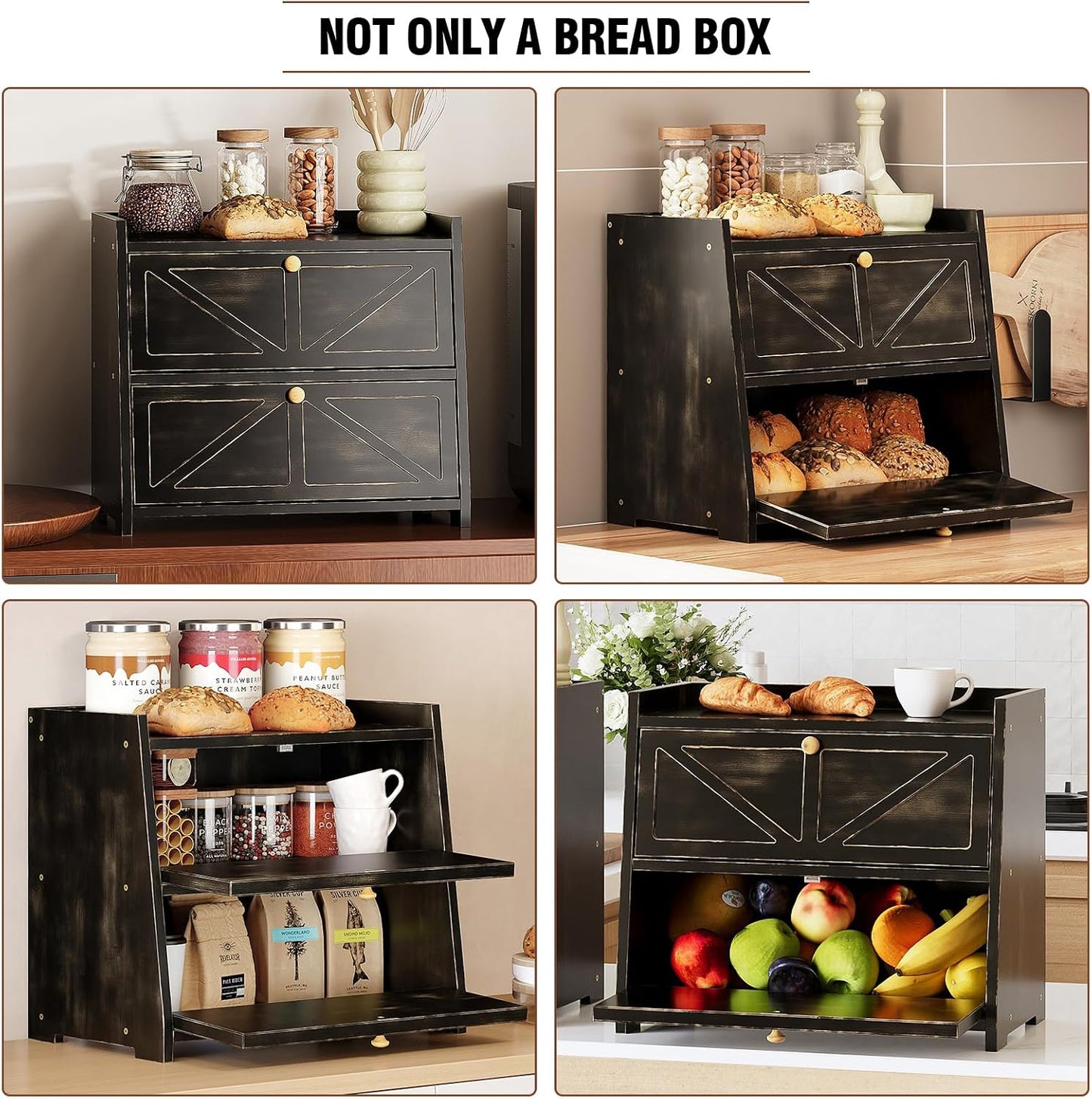 Trironsun Vintage Double Layer Bread Box for Kitchen Counter Bamboo Bread Storage Container Large Capacity Bread