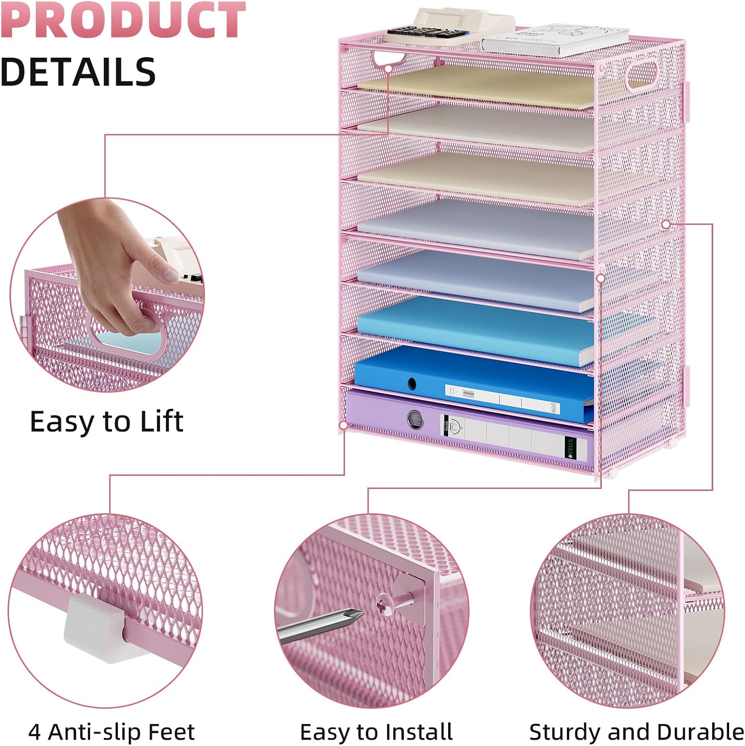 Marbrasse Paper Organizer Letter Tray, 9 Tier Mesh File Organizer with Handle, Paper Sorter Desk Organizer for Home