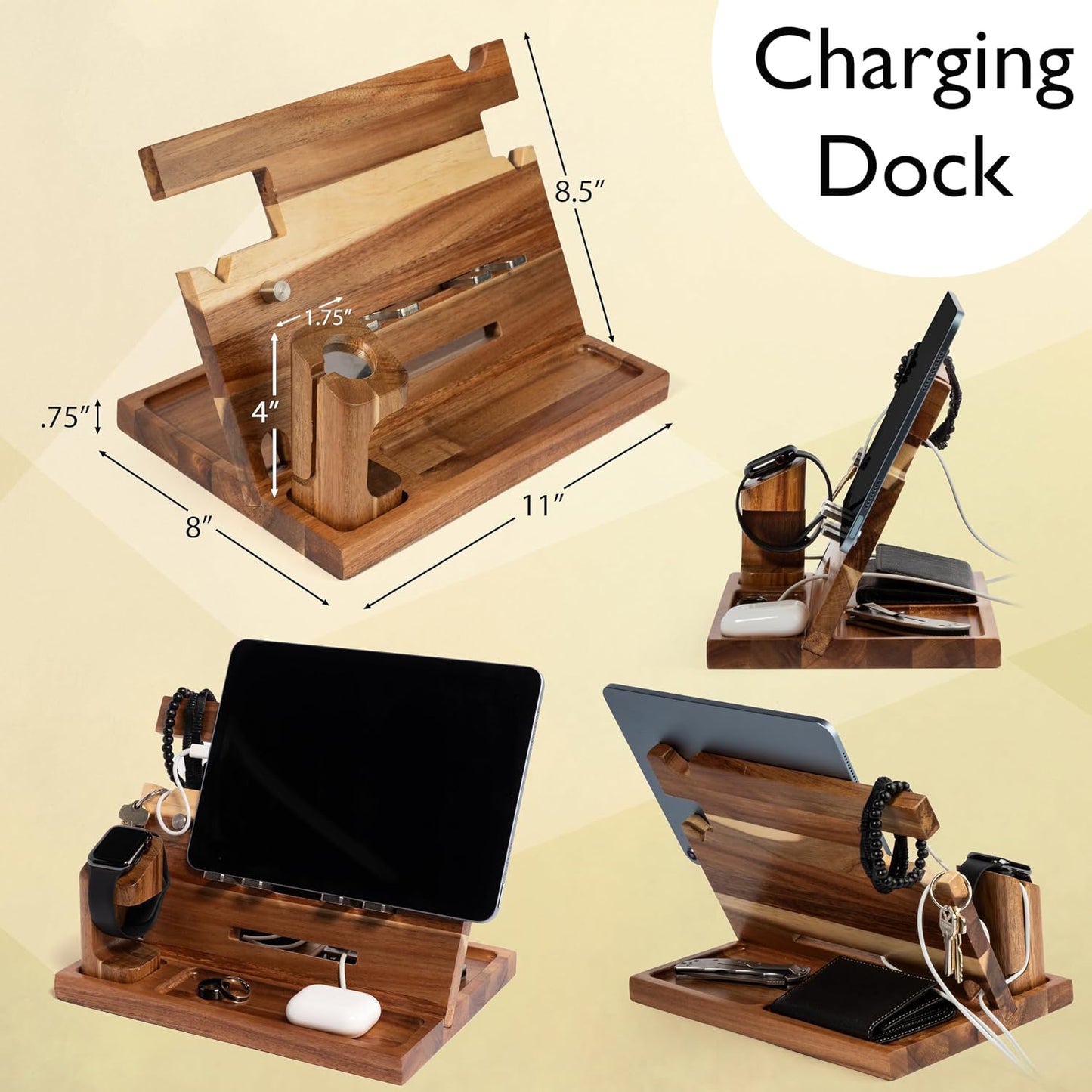Wood Phone Docking Station for Men, Nightstand Organizer, Gifts for Him from Daughter Son Wife, Christmas Anniversary