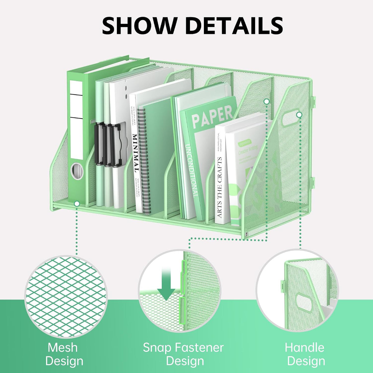 Binder Organizer, Magazine File Holder with 5 Vertical Compartments Rack, Metal Desk File Organizer & Binder Holders