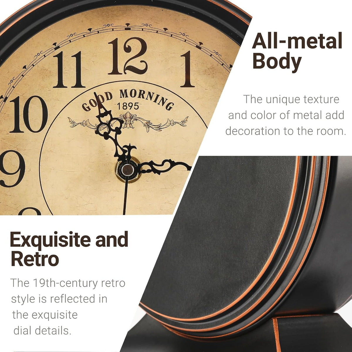 7-Inch Retro Mantel Desk Clocks，Silent Vintage Table Clock with All Metal Frame，Easy to Read Larege Retro Mantel Clocks