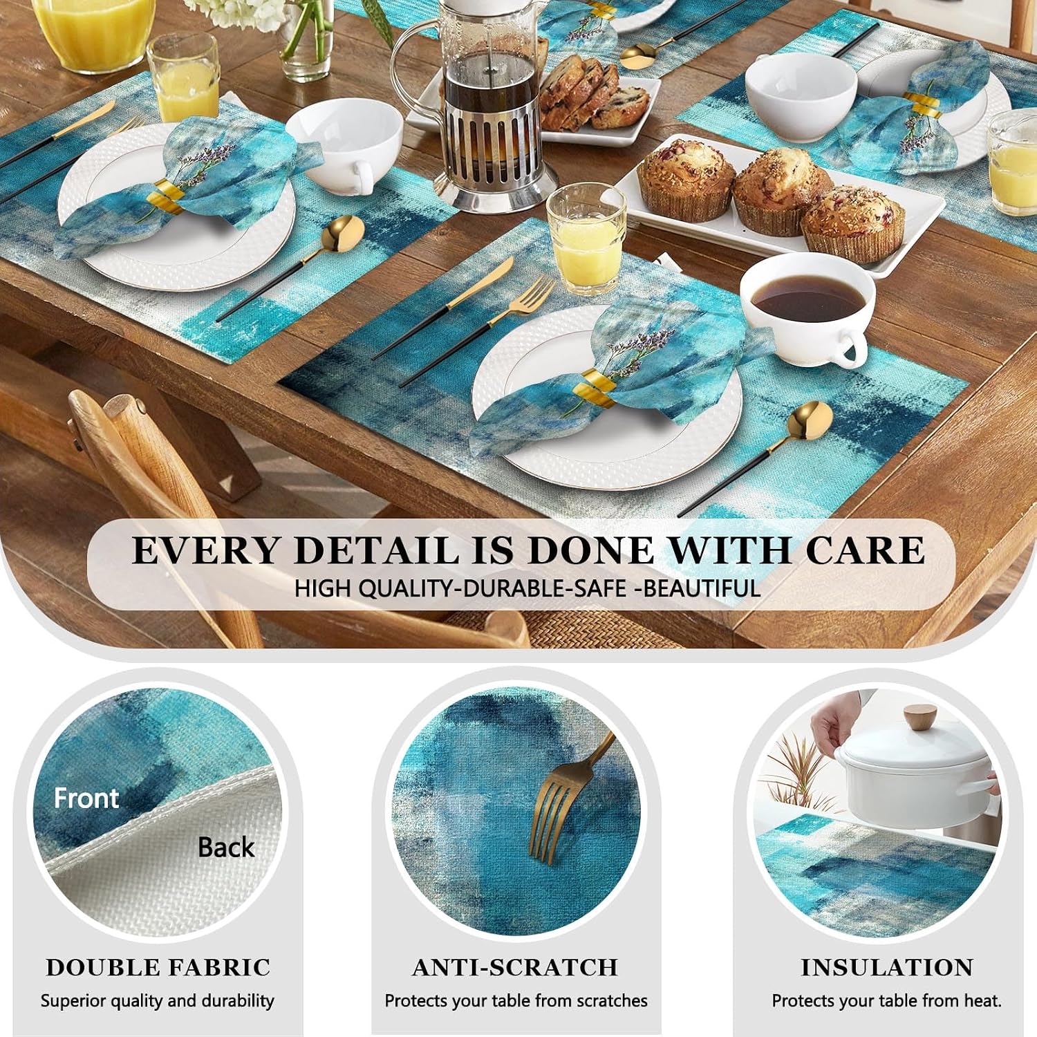 MCALK 4 Each Turquoise Placemats and Cloth Napkins Set of 8, Modern Abstract Art Painted Placemat for Home Kitchen