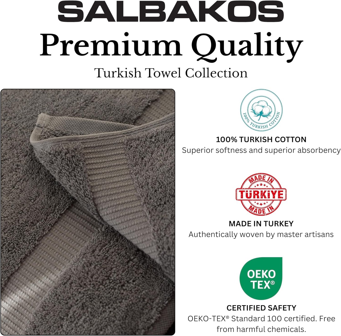 SALBAKOS 12-Piece 100% Turkish Cotton Washcloths and Face Towels, Gray | 13x13 in Standard Size Small Towel, Multi-use