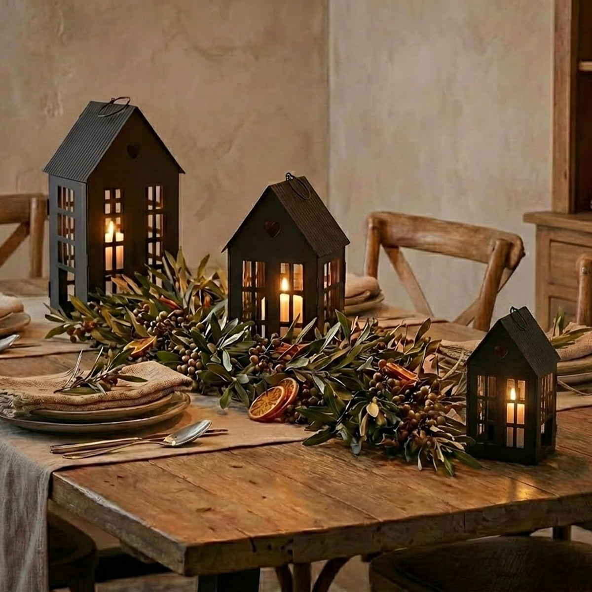 TRIROCKS Set of 3 Decorative Hanging Lanterns 13.5"&9.5"&5.5" H Gothic Street Town House Village Decor Candle Holders