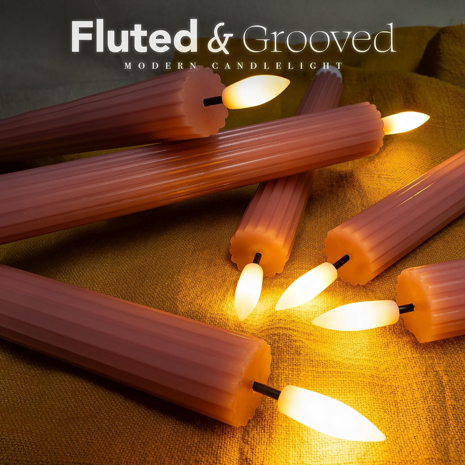 10" Fluted Ribbed LED Dusty Rose Grooved Real Wax Taper Candles, Remote & 24h Timer Memory, On/Off Switch - Flameless