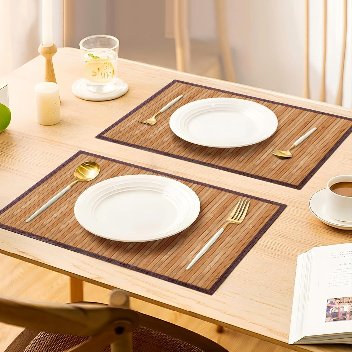 Bamboo Placemats Set of 8 with Fabric Border, Table Mats, Camel | 18" x 12", Natural Bamboo Rectangular Place Mat, for