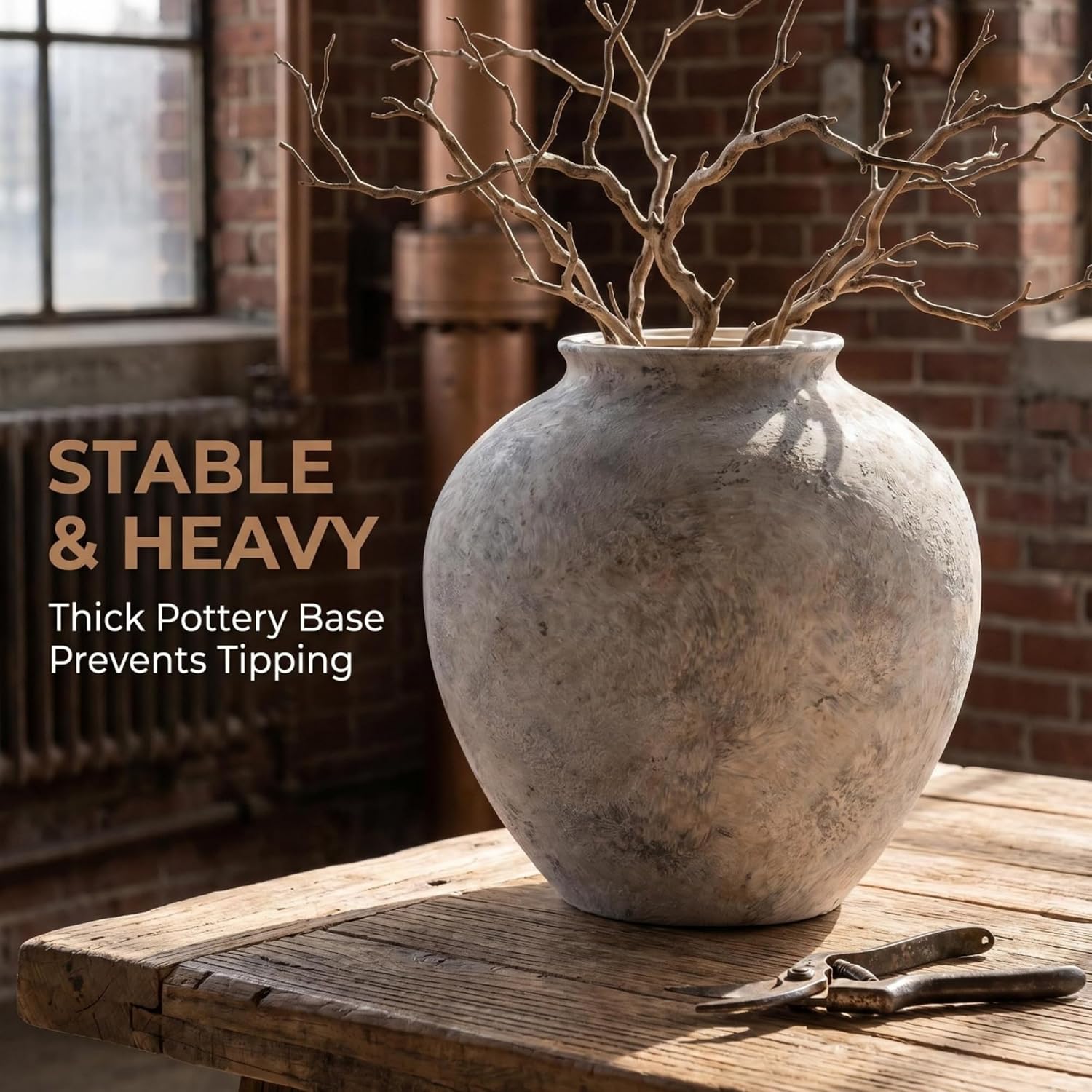 Aged Stone Rustic Ceramic Farmhouse Home Decor Dried Flower Vase / L Off-white / 8.3 Inch