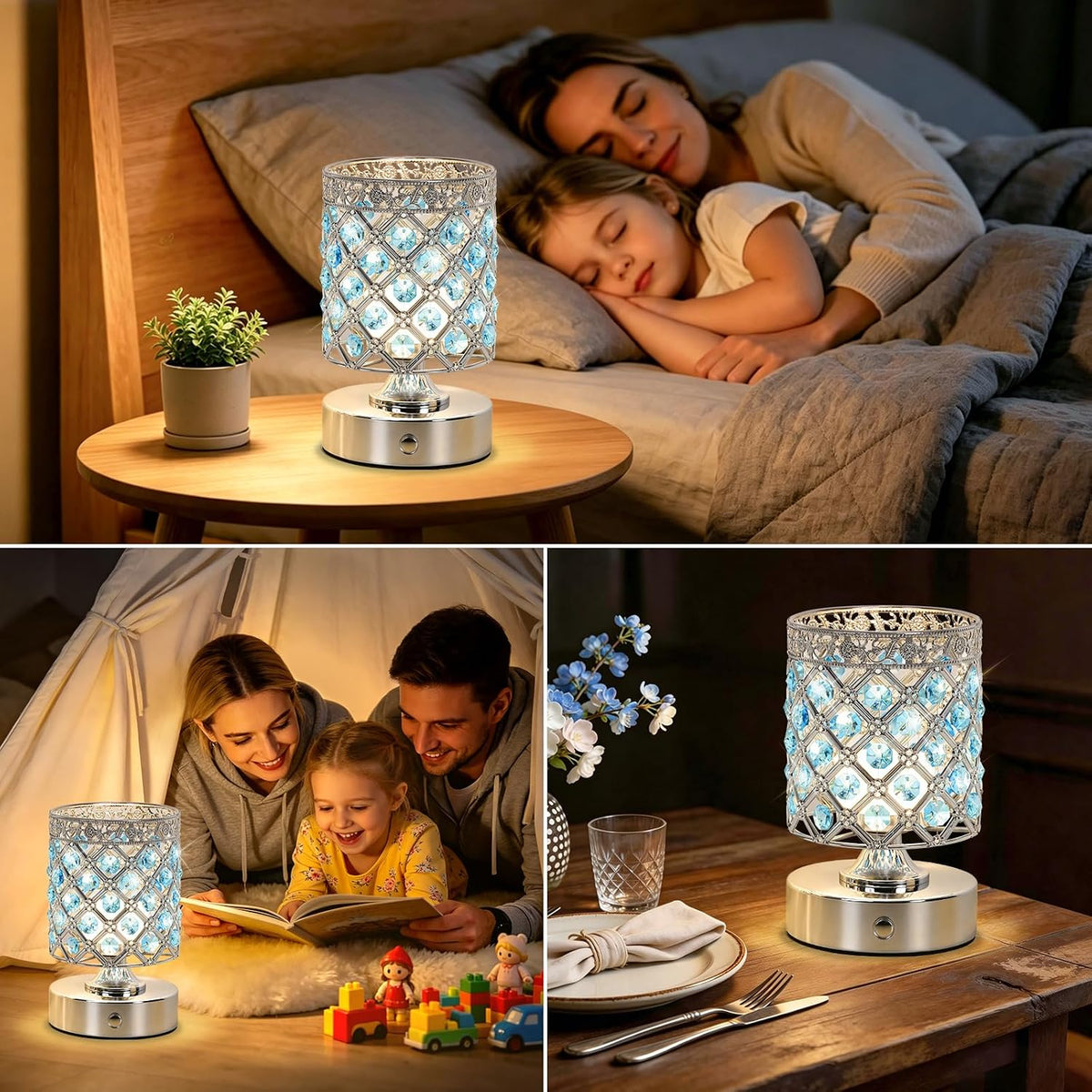 Blue Crystal Rechargeable Cordless Table Lamp, Touch Small Desk Lamp | 6000mAh Battery, 3 Color Temps, Stepless