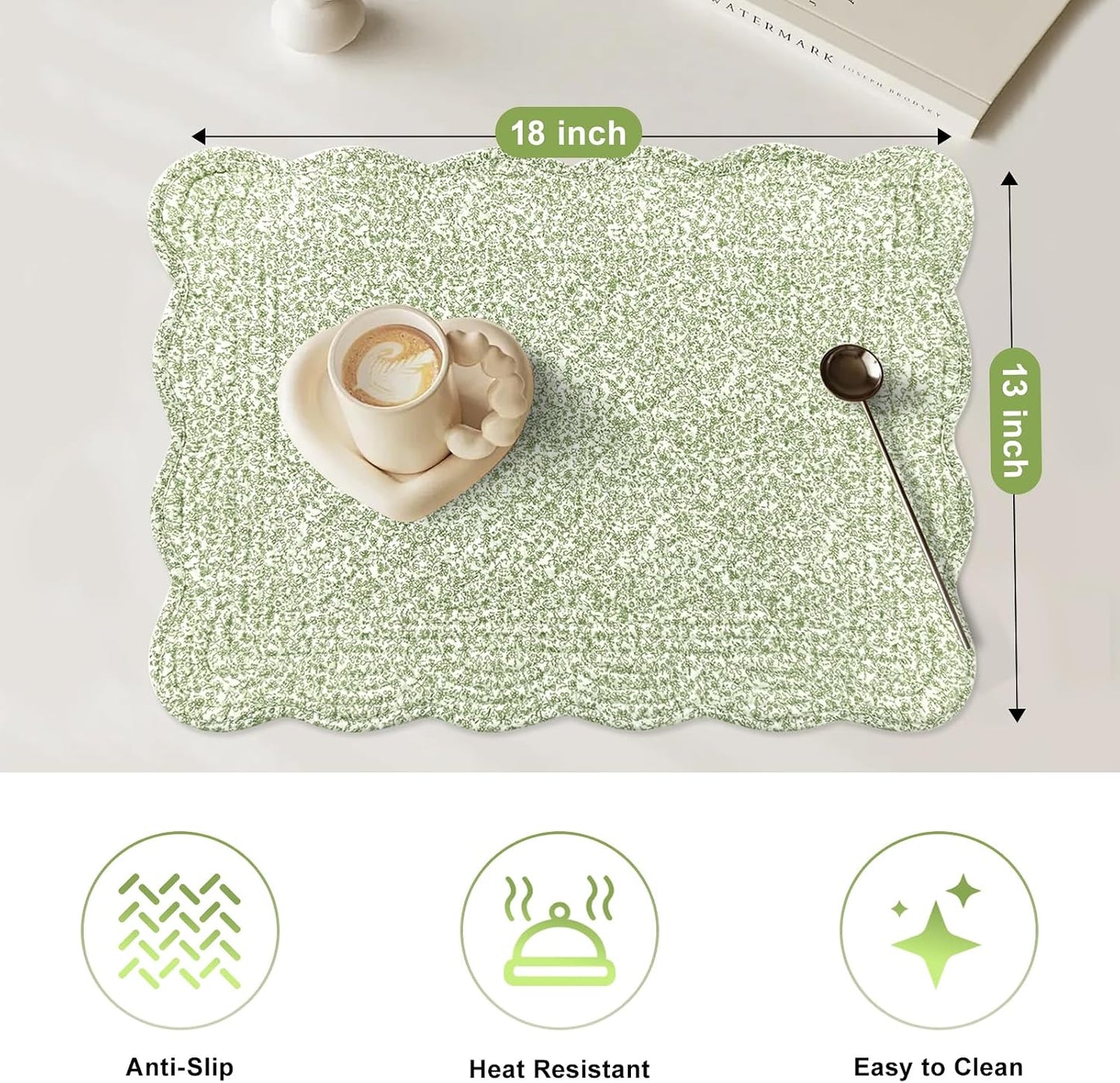6 PC Quilted Placemats, 18"X13"Extra Large Cotton Placemats Set of 6, 100% Cotton Fabric Washable Cloth Table Mats for