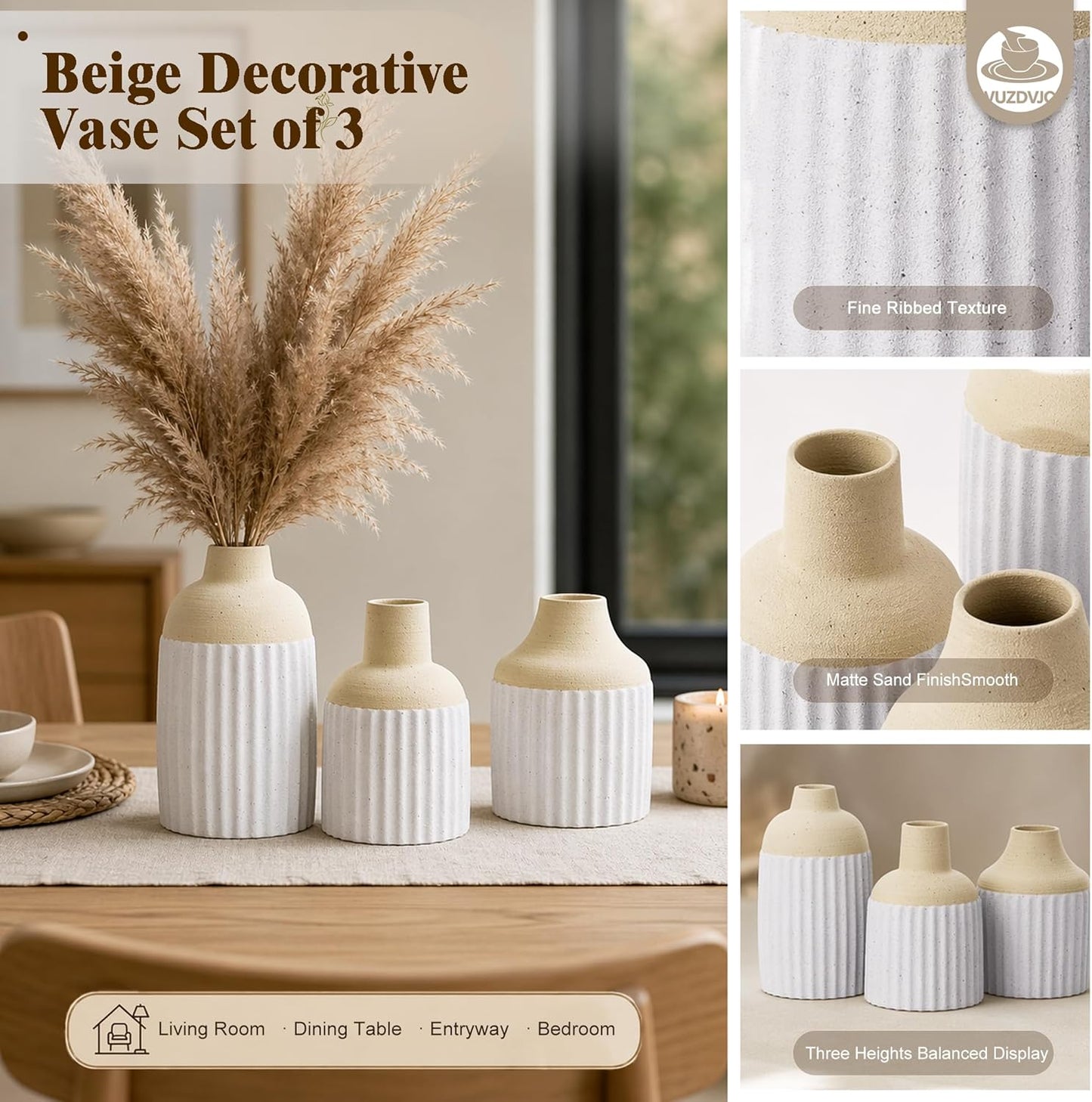 Modern Boho Style Ribbed Ceramic Bud Vases for Flowers / Beige White / Set of 3