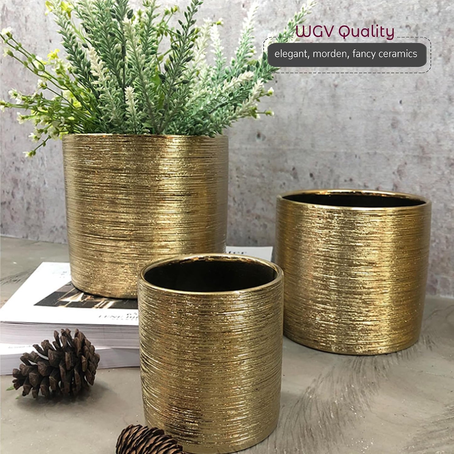 Etched Ceramic Cylinder Vase Width 6.5" Height 6 / 6.5 x 6 / H / Gold_etched / Gold