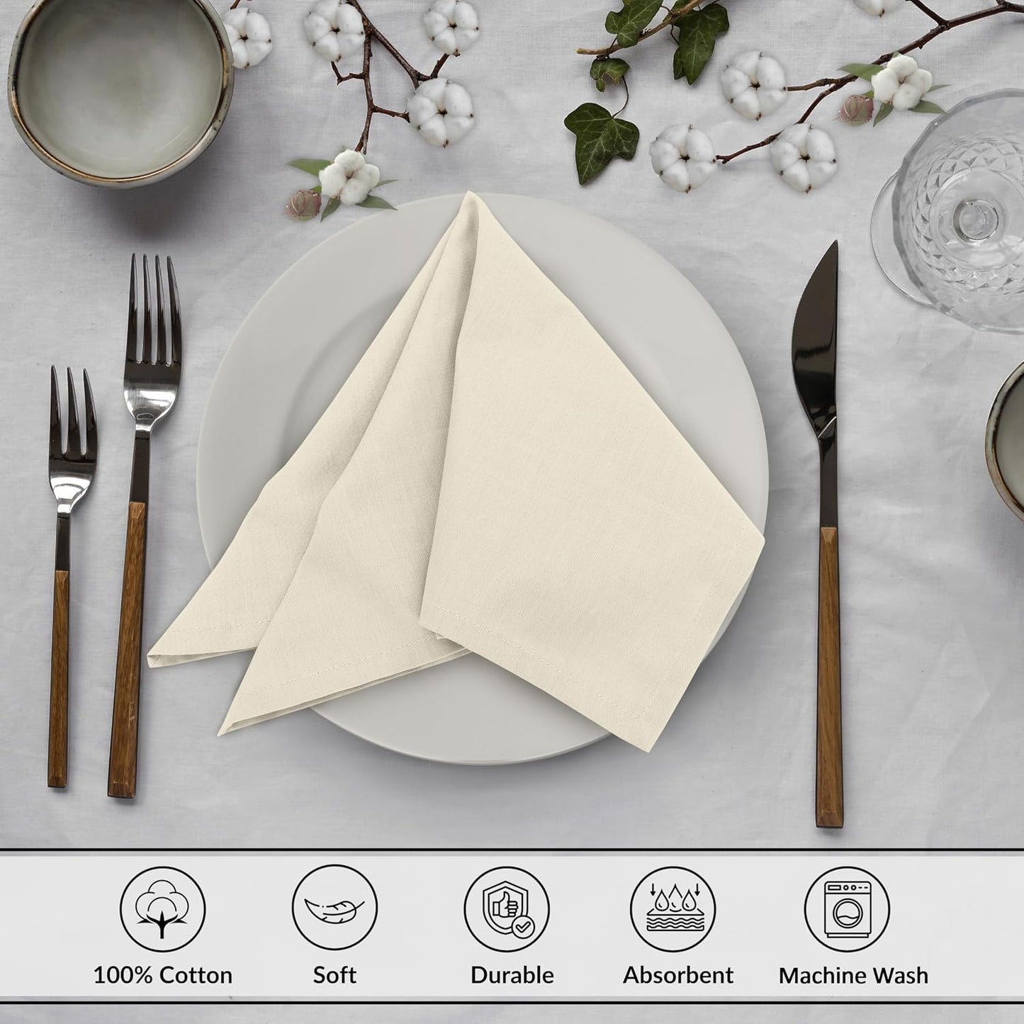 Ruvanti Cloth Napkins Set of 12, 100% Cotton 18”x18” - Antique White | Washable, Soft, Durable & Absorbent Everyday