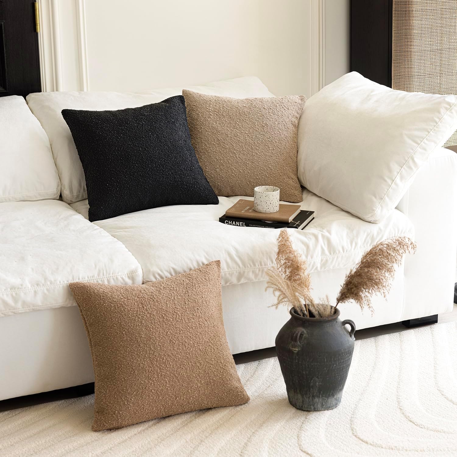 Decorative Textured Boucle Throw Pillow Covers Accent Solid Pillow / 18 x 18 / Black / Set of 2