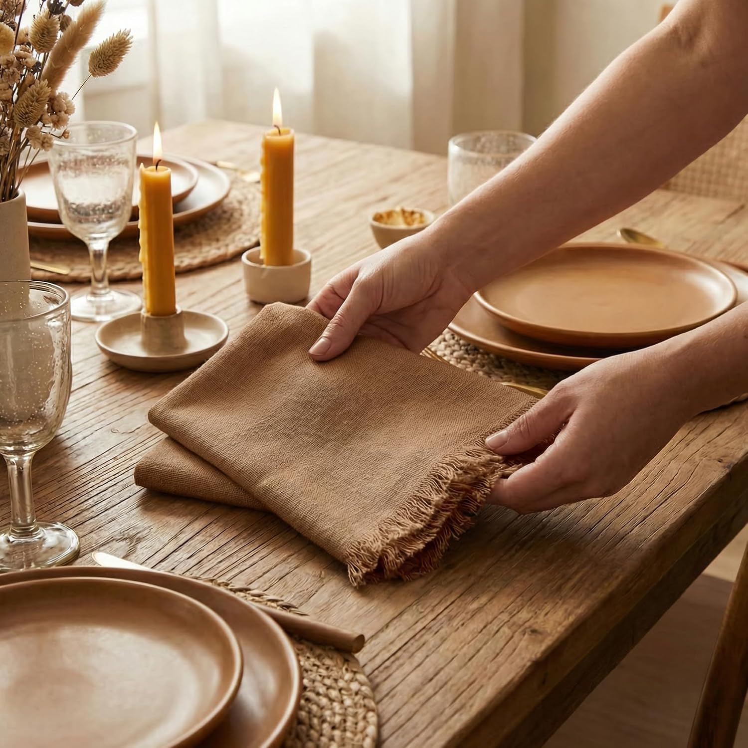 ACCENTHOME Brown Cotton Linen Napkin Set of 12 18x18 inch Dinner Napkins - Washable Soft Premium Hotel Quality Reusable