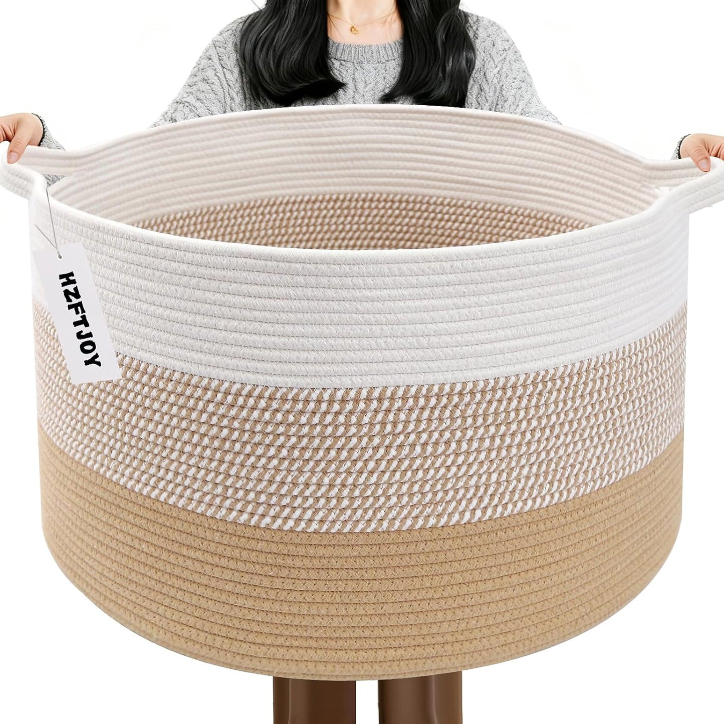65L Large Blanket Basket, Cotton Rope Woven Laundry Basket-Yellow