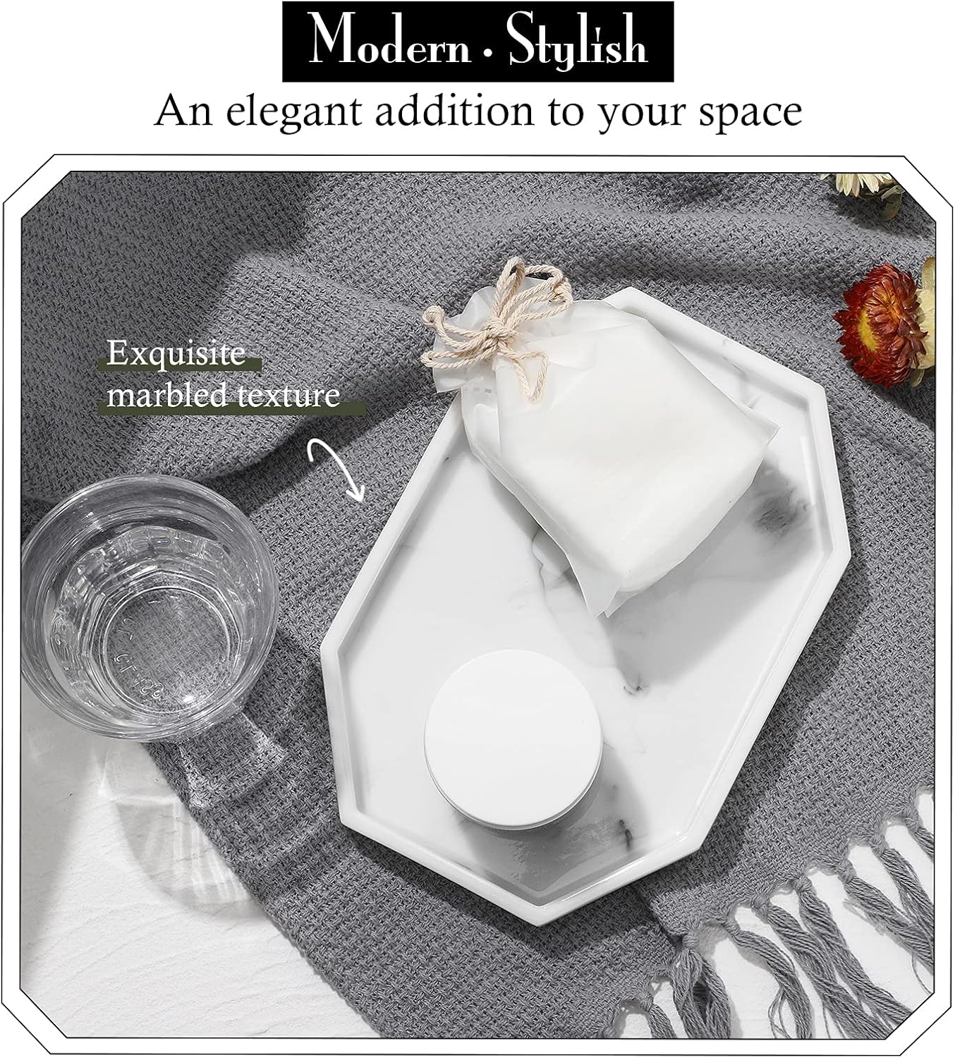 Vanity Tray / 8" Small Octagon Bathroom Vanity Tray / 8 x 5.7 x 0.8 / Marble White