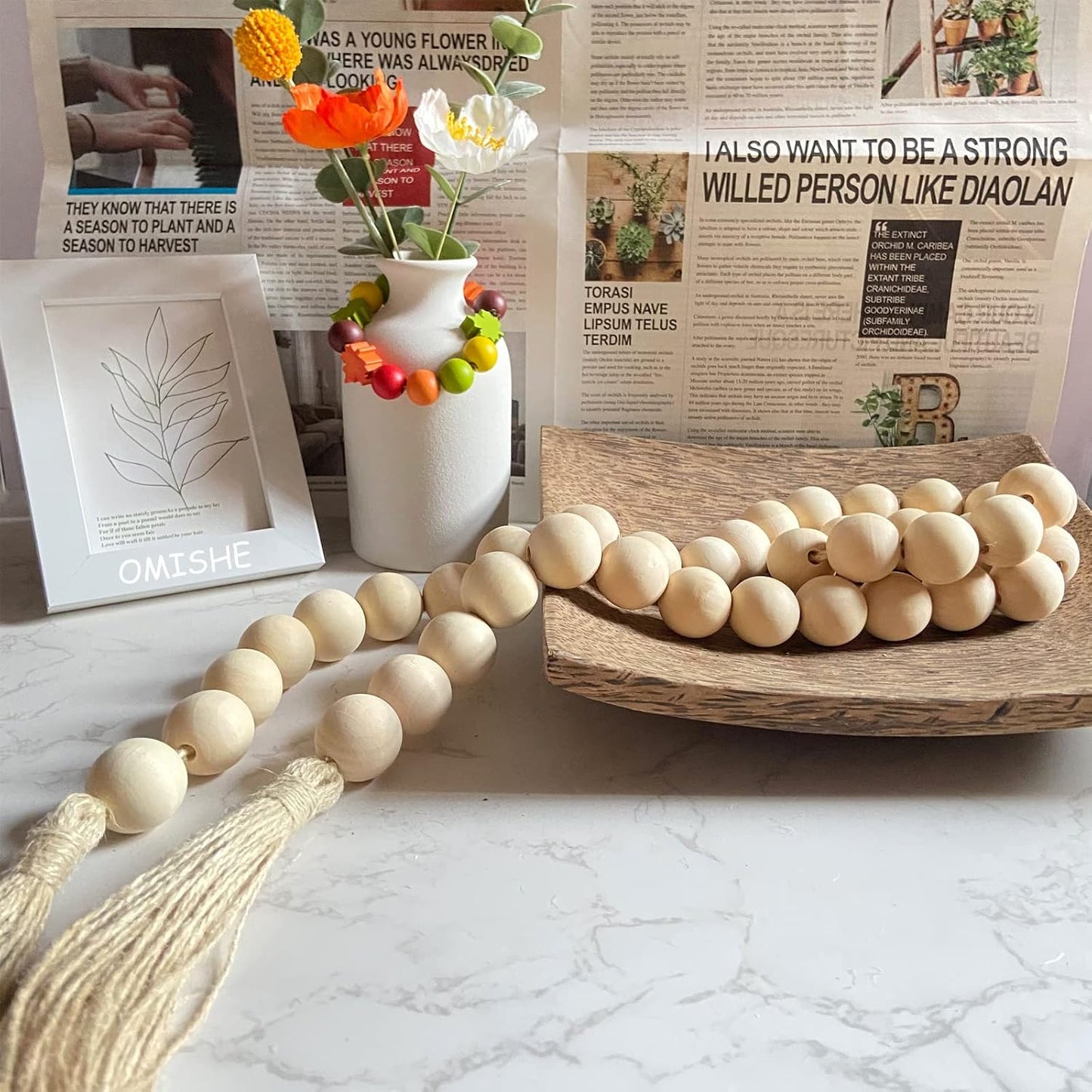 57" Long Large Wood Bead Garland / 01 Beige / 57 Inches