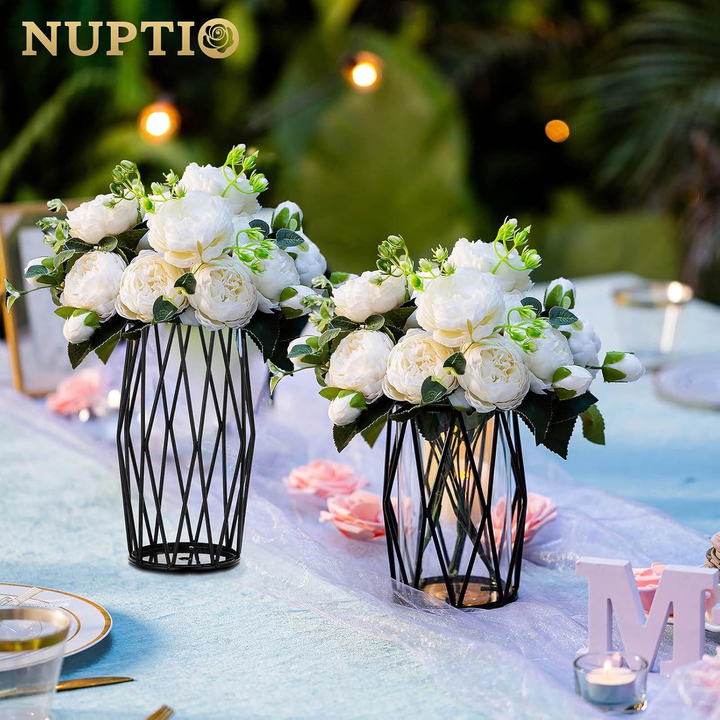 NUPTIO Black Geometric Hurricane Glass Candle Holders, Set of 2 | 2 Graduated Diamond Frames, Clear Cylinder Vases, for