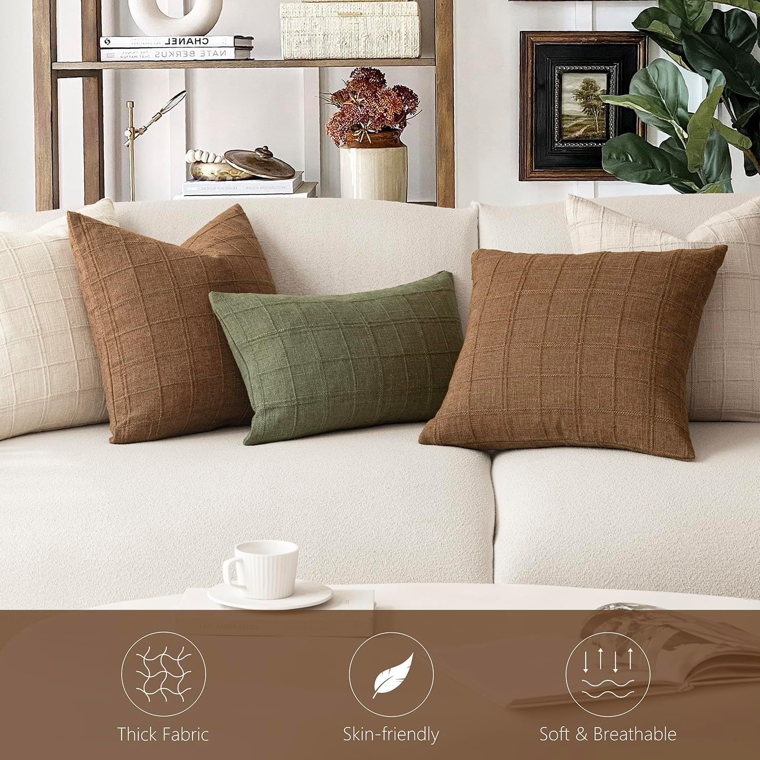 Decorative Linen Check Throw Pillow Covers Neutral Farmhouse / 18 x 18 / Brown Sugar / Set of 2