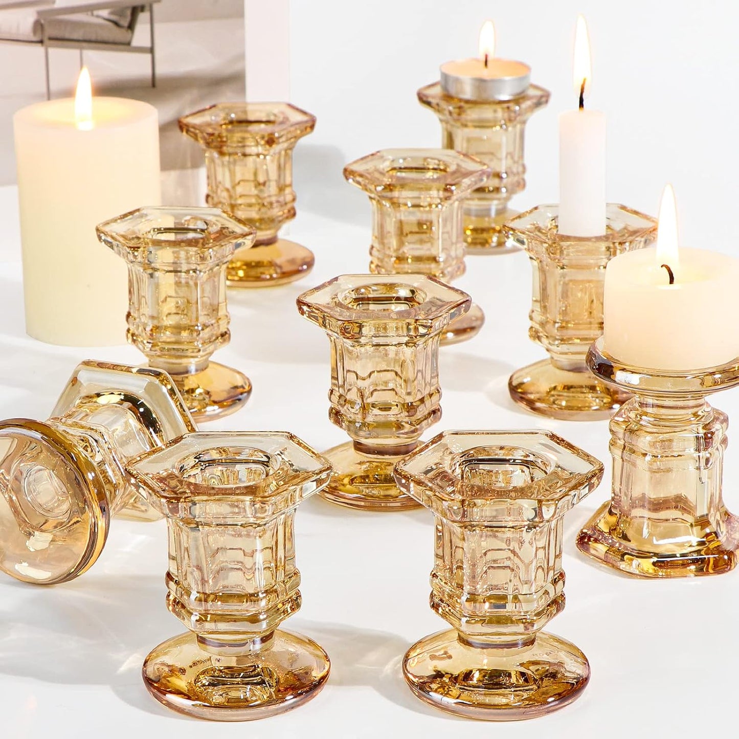 Lanttu 12 Pcs Gold Glass Candle Holders Set Candlestick Holders Bulk | Taper Candle Holders for Wedding, Festival Table
