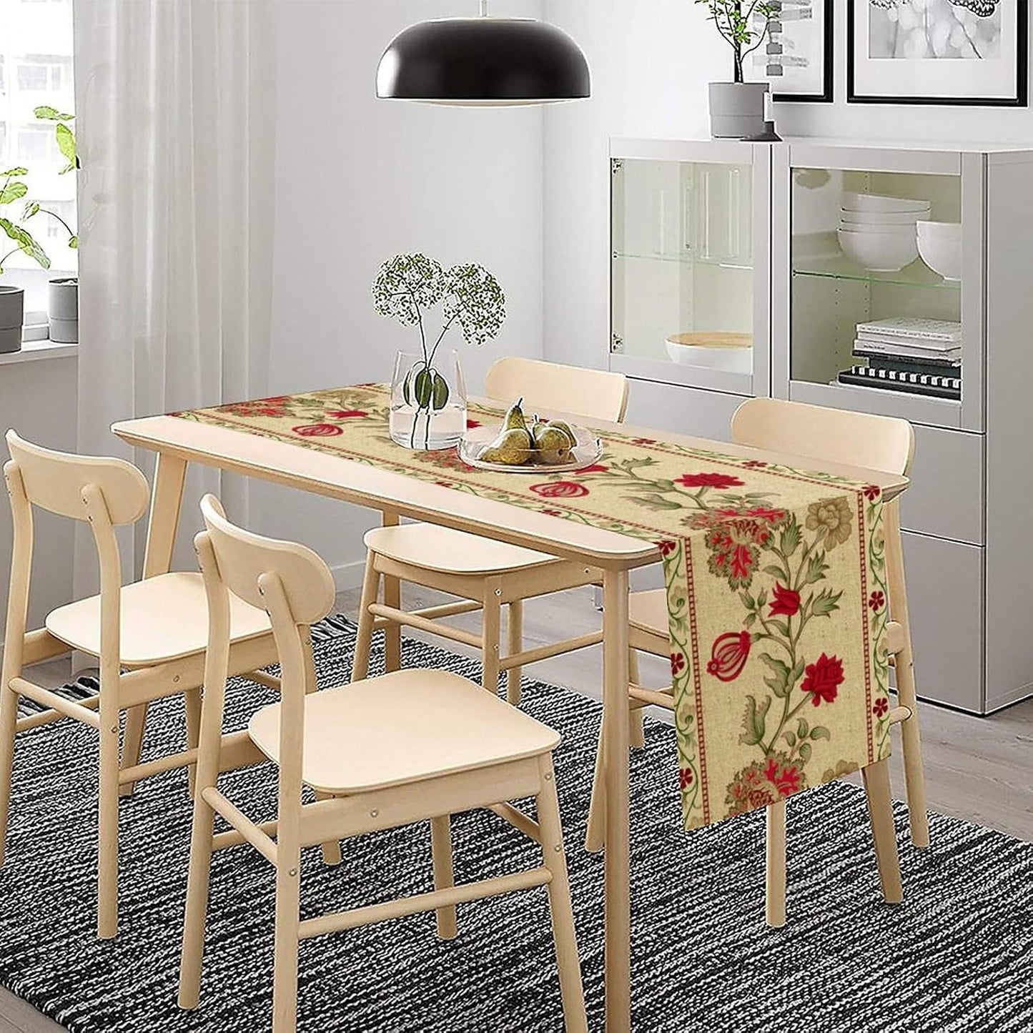 Rustic Floral Table Runner, Ethnic Style Leaf Flower Art Design Patterns Printed Linen Table Runner for Home Kitchen